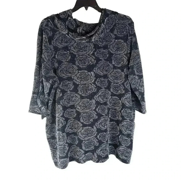 Catherines Womens Blouse Gray 3/4 Sleeve Cowl Neck Floral Glitter Pullover 2X - Picture 3 of 8